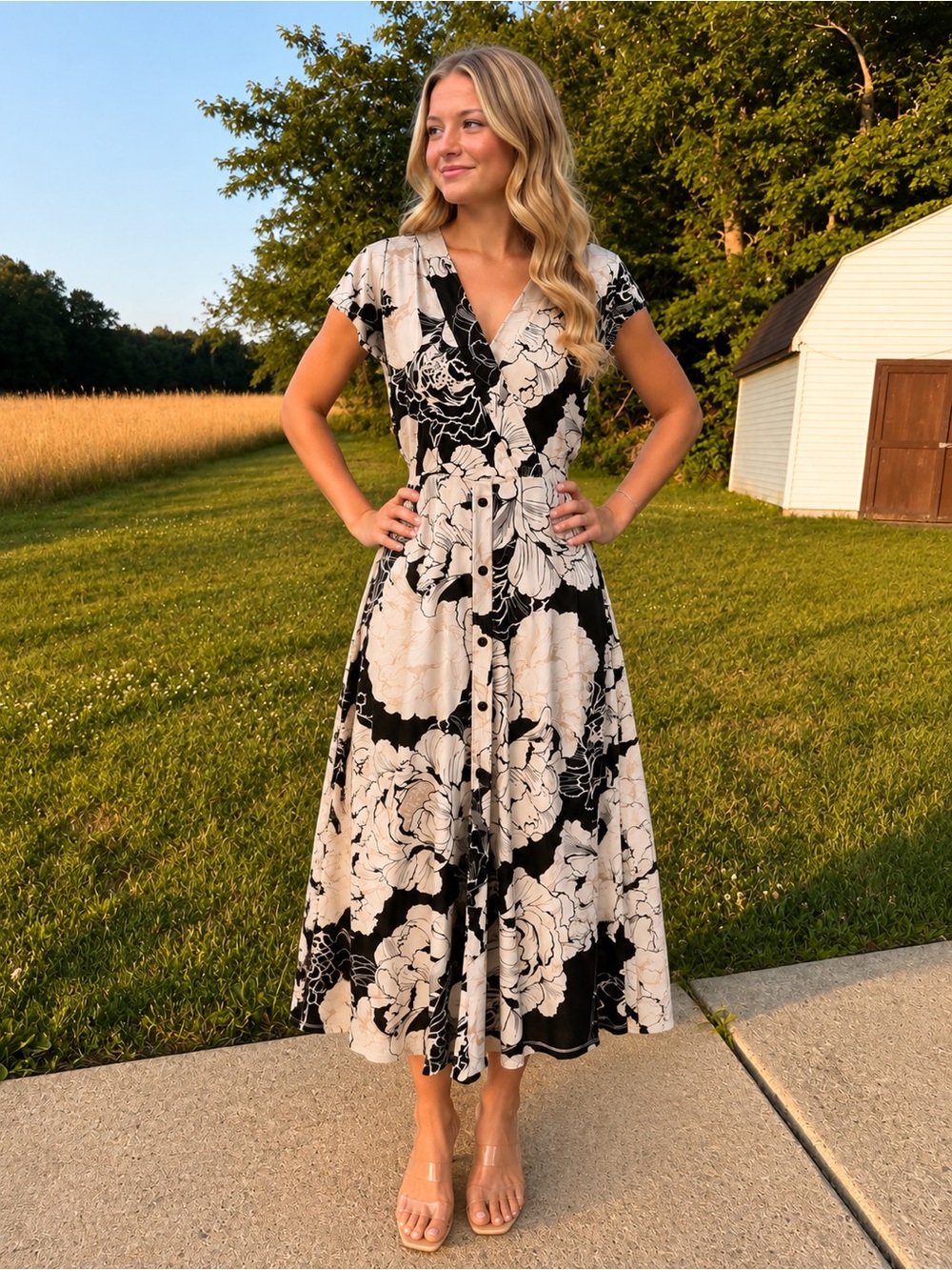 White House Black Market Black and White Floral Wrap Maxi Dress